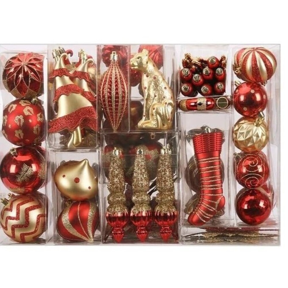 145 Piece Shatterproof Red Gold Christmas Ornament Set Tree Decor